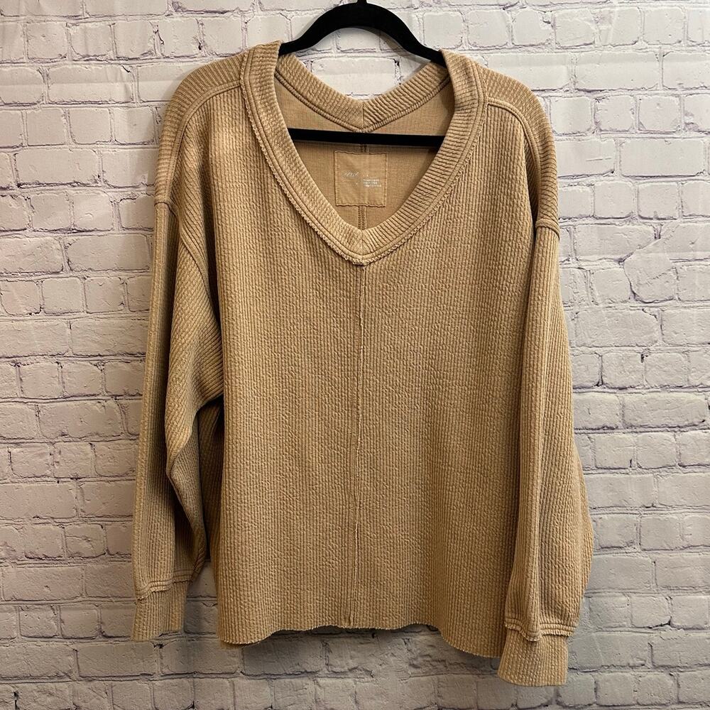 Aerie Wonder Textured V Neck Sweatshirt Tan Oversized Women's Small